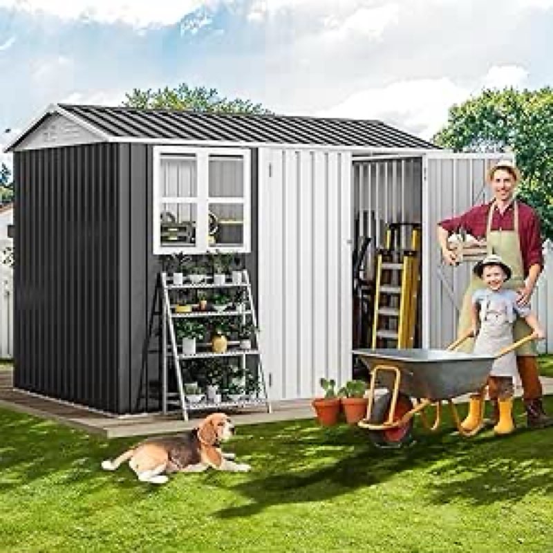 (incomplete ) dwvo 8' x 6' outdoor storage shed, waterproof metal garden shed with windows, lockable doors, and sl