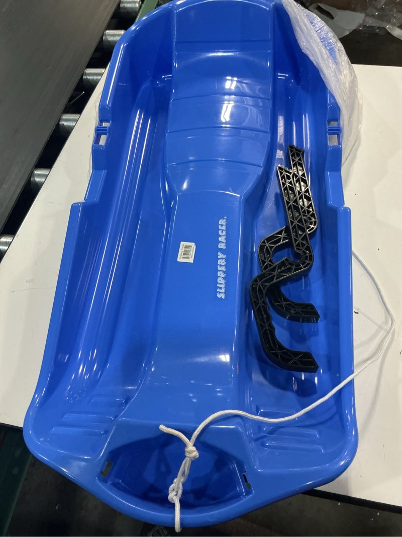 Condition photo showing Good Condition for Slippery Racer Downhill Thunder Flexible Plastic Toboggan Snow Sled with Built in Brake System, Pull Rope, and Handle Grips, Blue