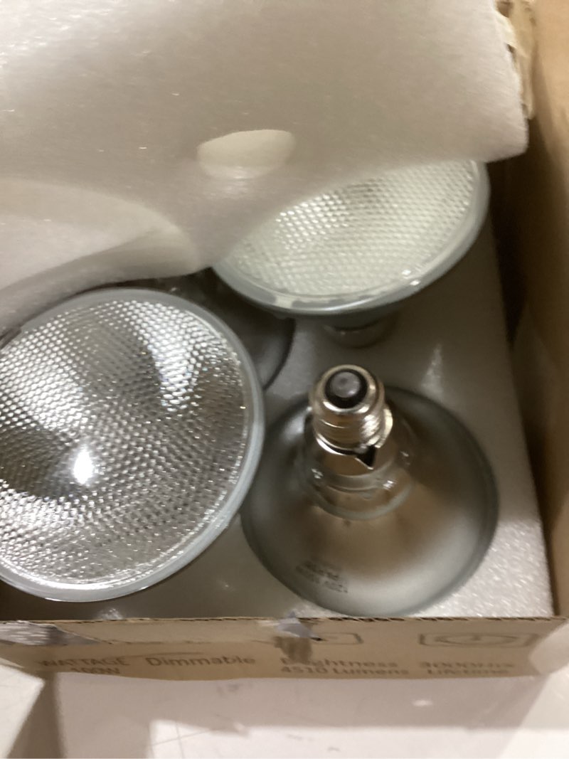 Condition photo showing As Is for PAR38 Halogen Flood Light Bulbs 100W 120V, E26 Base, 2700K Warm White Light for Indoor and Outdoor 4Pack 100W-4Pack