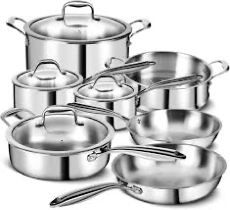 EWFEN Pots and Pans Set, 3 Ply 11 Piece Stainless Steel Cookware Set, Oven Dishwasher Safe | Inducti