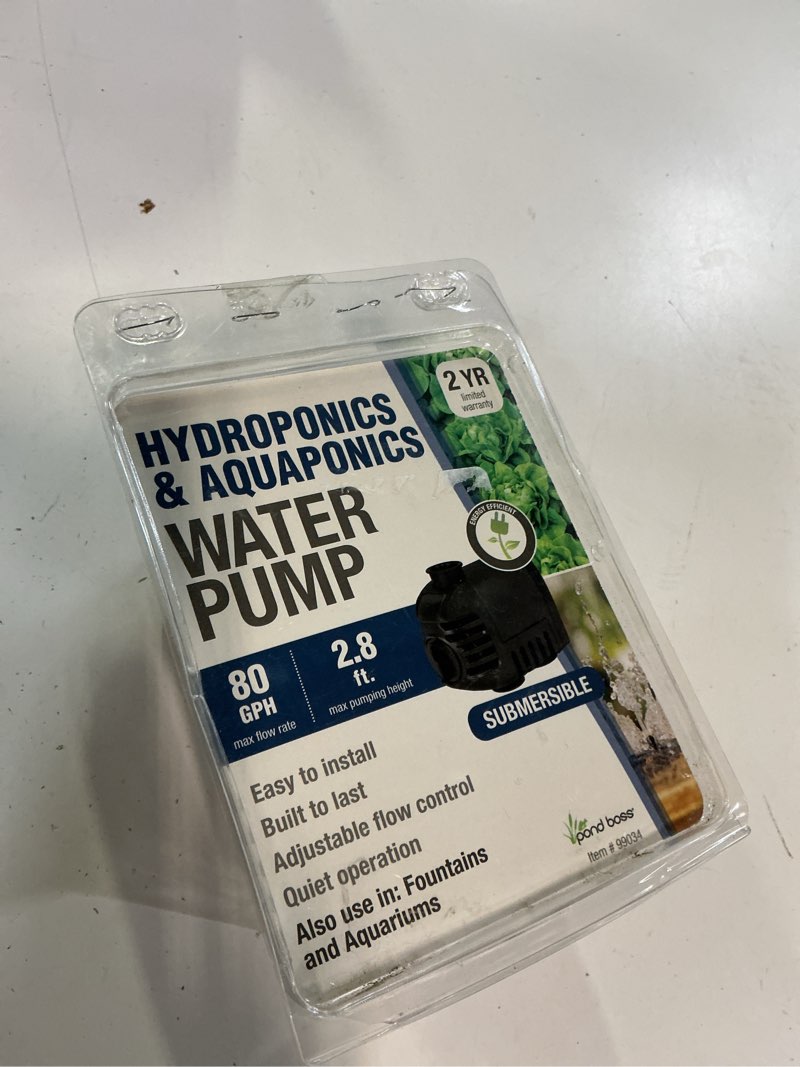Condition photo showing New/Like New for pond boss 80 gph submersible water pump for hydroponics, aquaponics, fountains, and aquariums – quiet, adjustable flow, energy-efficient, includes tubing adapters