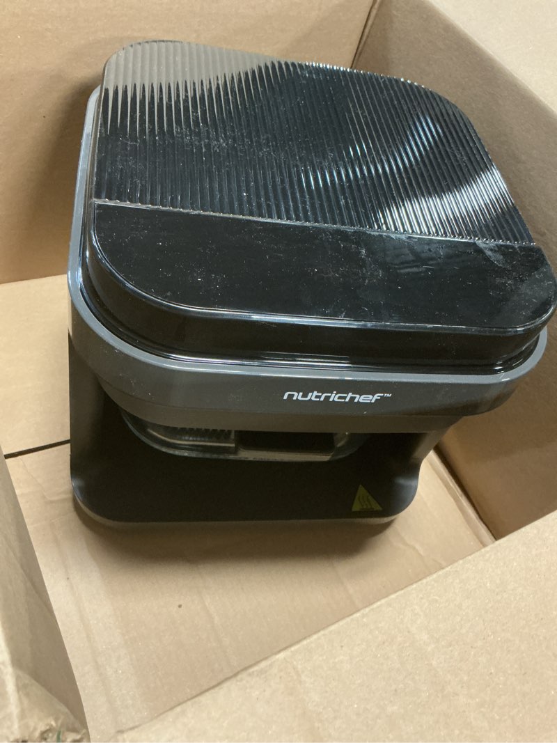 Condition photo showing As Is for nutrichef 5.8 quart air fryer | 8-1 preset cook modes | transparent fry bowl for best cooking results | cook shrimp, steak, fries, wings, chicken & more | precise temperature control & time | grey