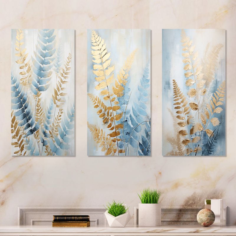 Blue and Golden Ferns Symphony - Ferns Canvas Wall Art Set of 3 Lark 28 x 12