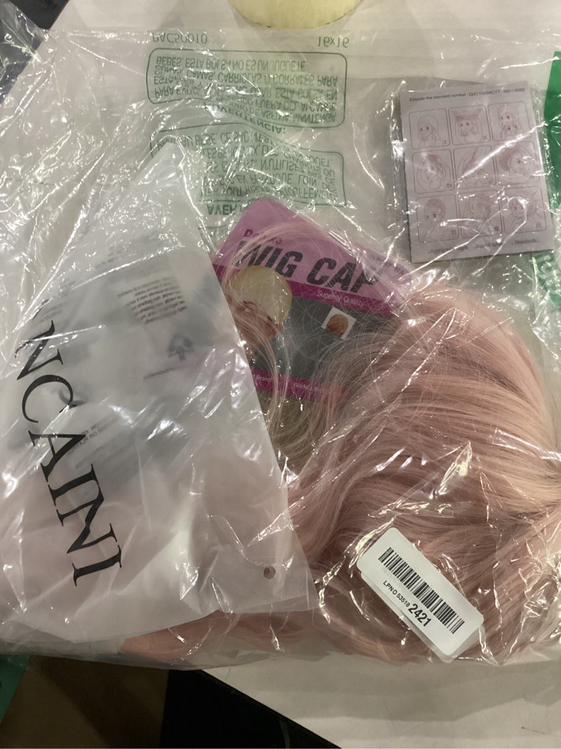 Condition photo showing Good Condition for pastel bob wigs with bangs for women loose wavy wig pastel wavy shoulder length bob synthetic cosplay wig for girl colorful costume wigs (pink)