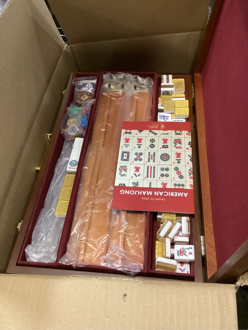 Condition photo showing Good Condition for Yellow Mountain Imports American Mahjong Set, Golden Fortune with 166 Acrylic Mahjong Tiles, Inlaid Wooden Case, Racks and Other Accessories