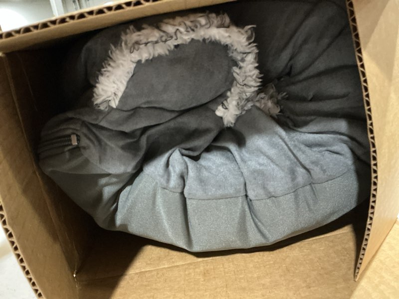 Condition photo showing As Is for furhaven orthopedic dog bed for medium dogs, l-shaped chaise mattress with orthopedic egg crate & a solid orthopedic foam base for joint support, washable cover, medium, faux fur & suede, stone gray medium stone gray