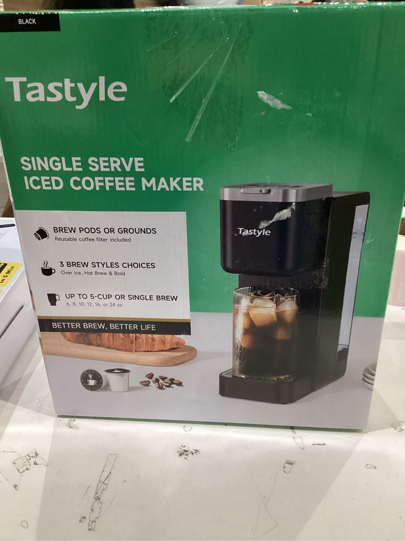 Condition photo showing New/Like New for single serve coffee maker, iced and hot coffee machine for k cup & grounds, compact design, 40oz removable water reservoir, 6 to 24 oz brew sizes, fits 7.3" travel mug, black