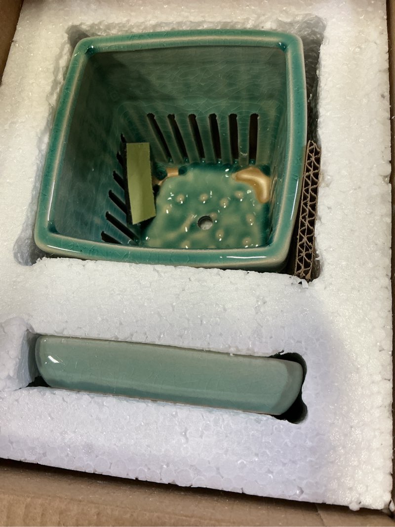 Condition photo showing Good Condition for orchid pots with holes | 5" ceramic orchid planter with separate saucer and drainage holes | crackle glazed pottery small flower pot for repotting orchids?blue? square blue