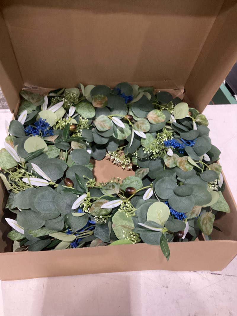 Condition photo showing Good Condition for 24inch eucalyptus wreath set of 2, large eucalyptus wreath for front door with olive leaves and berries for all seasons, spring summer year round wreaths for front door indoor outdoor 2pack 24 inch