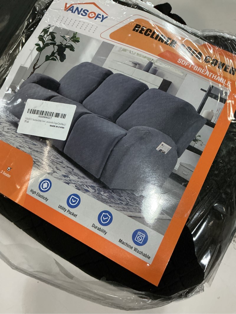 Condition photo showing Good Condition for VANSOFY Recliner Cover, 3-Pieces Stretch Reclining Couch Covers with Pockets Reclining Sofa Slipcovers 3 Seater Soft Washable Furniture Protector for Dogs Cats(Black) Black 3 Seater