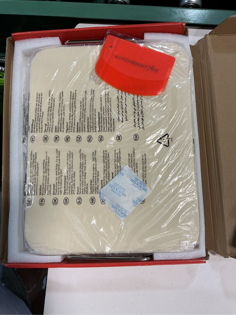 Condition photo showing New/Like New for kitchenstar 15x12-inch pizza stone for oven & bbq grill with handles, rectangular, 5/8" thick - natural cordierite, 1800°f resistant, baking stone set with stainless steel rack & plastic scraper tool 15x12 inch