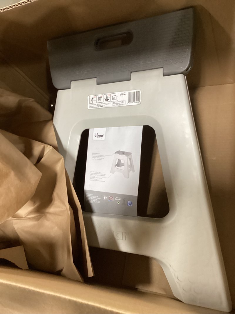 Condition photo showing Good Condition for Vigar Compact Step Stool Foldable, 16-inch Step Stools for Adults up to 330 Pound, Lightweight Stool, Non-Slip Folding Step Stool, Gray Compact Grey. 16-Inches, 1-Step Stool