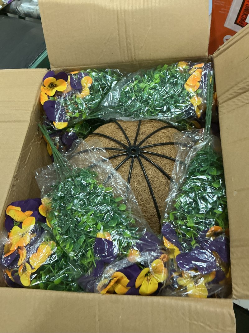 Condition photo showing Good Condition for lovemoon 2 set artificial outdoor pansies flowers with hanging baskets, 2 hanging planters with 24 pcs silk pansy flowers for spring easter decorations porch patio home decor (2, purple, yellow) purple, yellow 2