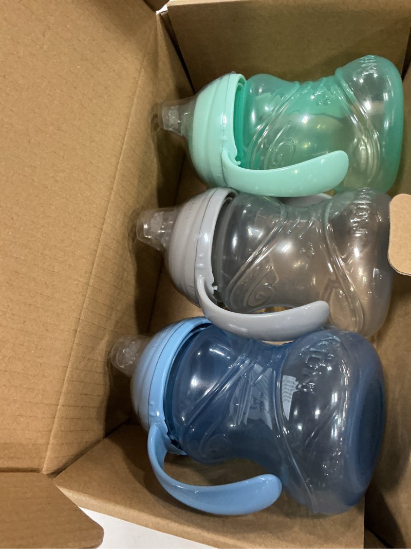 Condition photo showing New/Like New for nuby 3 piece no-spill grip n’ sip cup with soft flex spout, 2 handle with clik it lock feature, neutral,10 ounce blue, gray & aqua