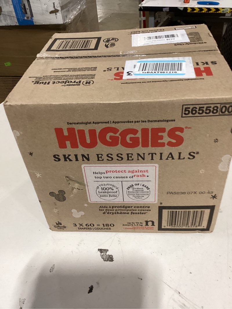 Condition photo showing New/Like New for huggies size newborn diapers, skin essentials baby diapers, size newborn (6-9 lbs), 180 count (3 packs of 60), packaging may vary newborn 180
