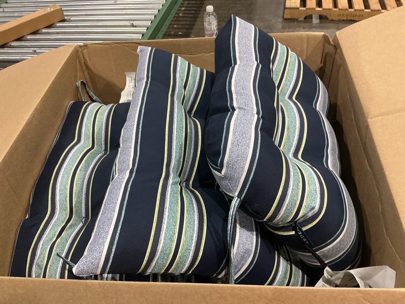 Condition photo showing Good Condition for arden plush indoor/outdoor rocking chair cushion set, 2-pack, 18 x 20, water repellent, fade resistant, tufted cushion for rocking chairs 18 x 20, sapphire aurora blue stripe