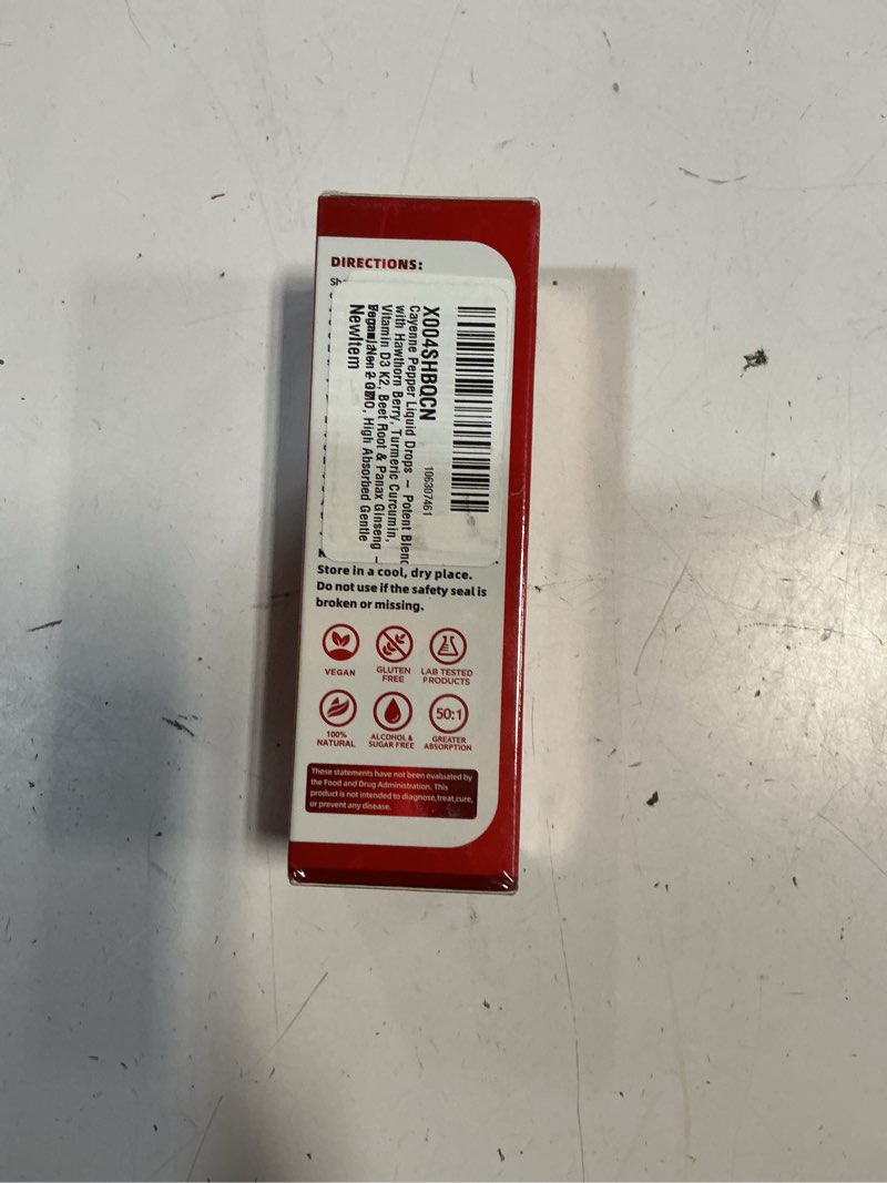 Condition photo showing New/Like New for cayenne pepper liquid drops - potent blend with hawthorn berry, turmeric curcumin, vitamin d3 k2, beet root & panax ginseng - vegan, non-gmo, high absorbed gentle formula - 2 oz 2 fl oz (pack of 1) (exp 08/072027)