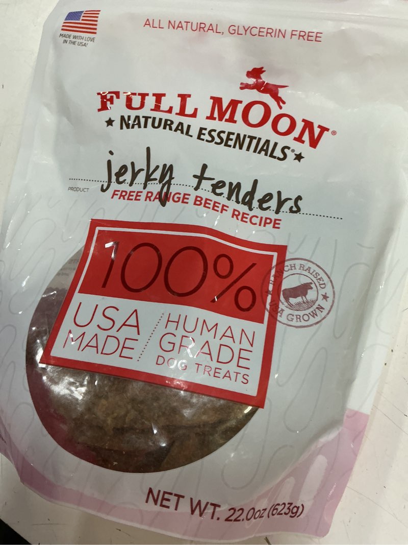 Condition photo showing As Is for (best by/01/02/2028)full moon natural essentials beef tenders dog treats, 22oz