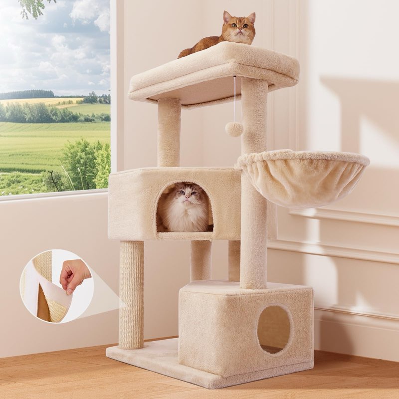 Gardner Pet 41" Tall Cat Tree for Large Cats, Heavy Duty Cat Tower with 3.2in Posts & Washable Top Perches, Space-Saving Cat Furniture with Replaceable Natural Sisal for Apartments, Easy to Assembly