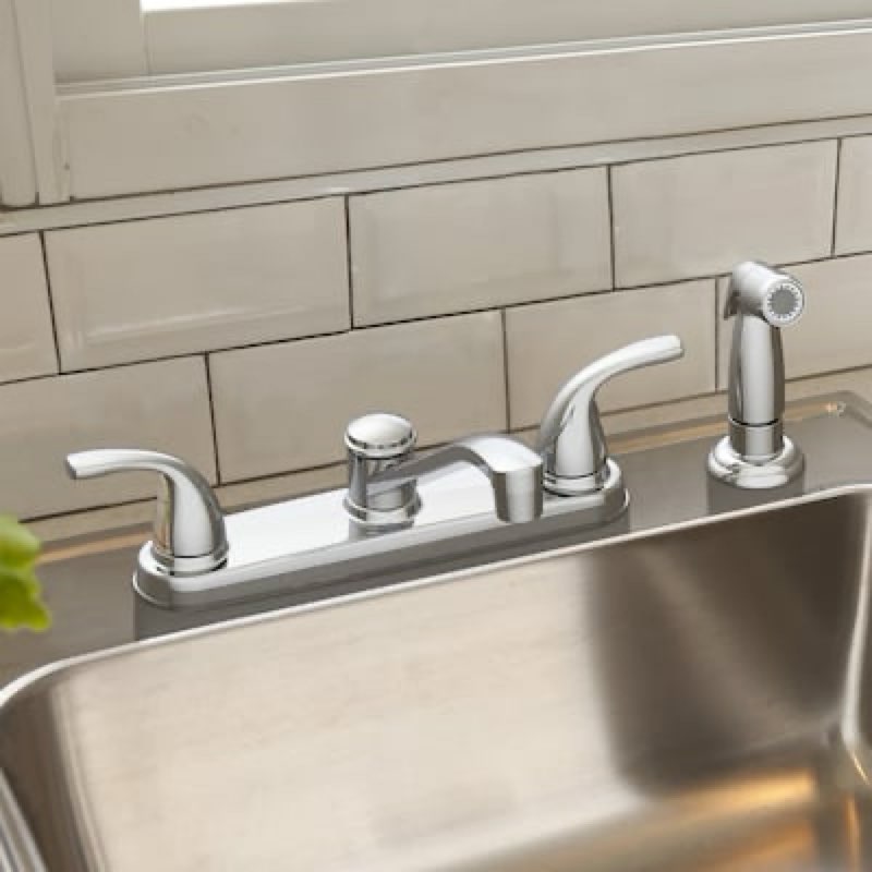 dover chrome double handle low-arc kitchen faucet with deck plate and side spray