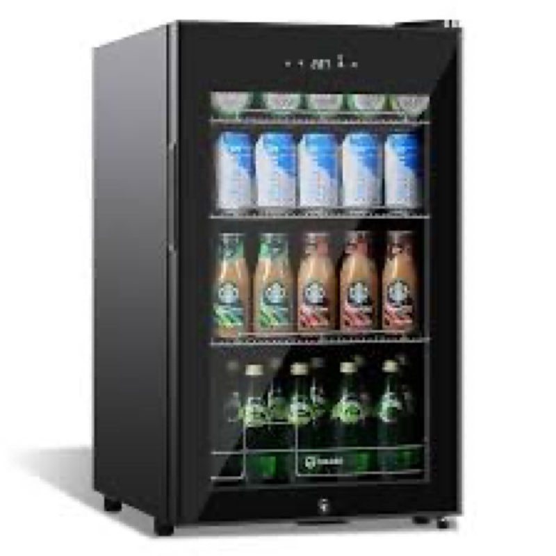 17 Inch Black Beverage Refrigerator Cooler, 96 Cans Mini Fridge with Glass Door&Lock, Beer Fridge for Soda Water or Wine, Drink Refrigerator for Home Office Bar Bedroom