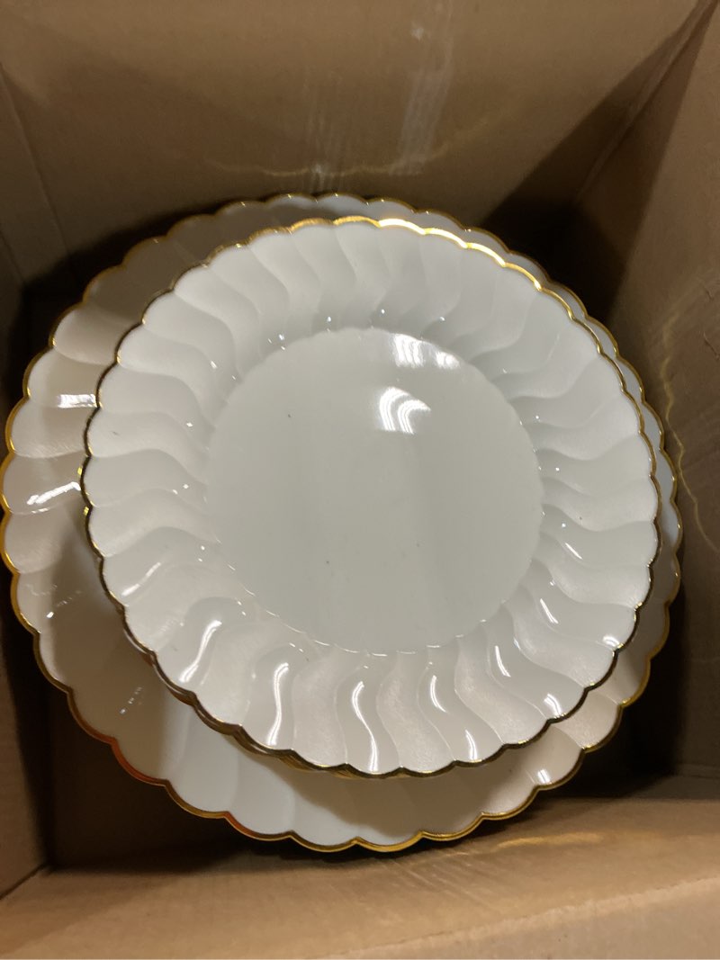 Condition photo showing Good Condition for Lullaby 96PCS Ivory Scalloped Plastic Plates with Gold Rim, Disposable Elegant Plates Include 48pcs Dinner Plate 10.25", 48pcs Dessert Plate 7.5", Perfect for Daily Use, Wedding and Party Ivory-96pcs