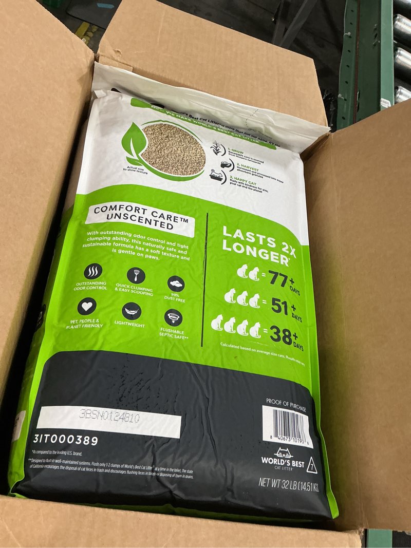 Condition photo showing New/Like New for world's best cat litter comfort care unscented, 32-pounds - natural ingredients, quick clumping, flushable, 99% dust free & made in usa - long-lasting odor control & easy scooping