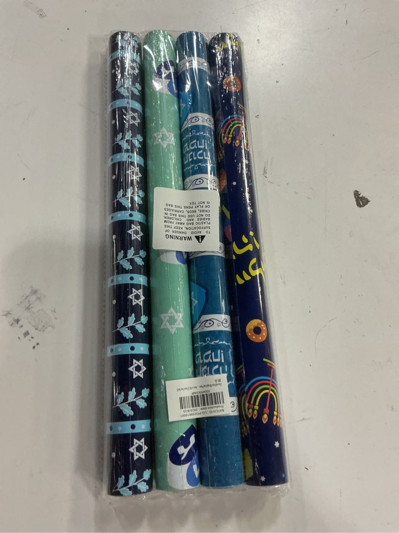 Condition photo showing New/Like New for Hanukkah Wrapping Paper (4 Rolls, 93 sq. ft. ttl) Menorahs, Dreidels, Stripe and Star of David Design for Holiday Gift Wrap - Traditional Hanukkah Elements Collection - 17 Inches x 16.5 Feet Per Roll