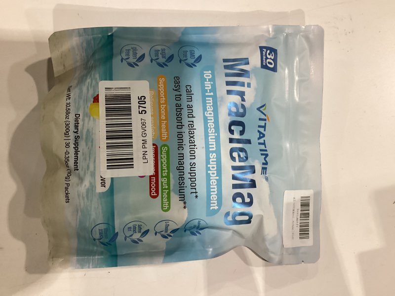 Condition photo showing New/Like New for best by 04/10/2028 miraclemag 10-in-1 magnesium supplement powder drink mix, sweet raspberry lemon flavor | stress relief, mood sleep | on-the-go pouches, gluten-free & sugar-free | 0.3 oz per packet, 30 count