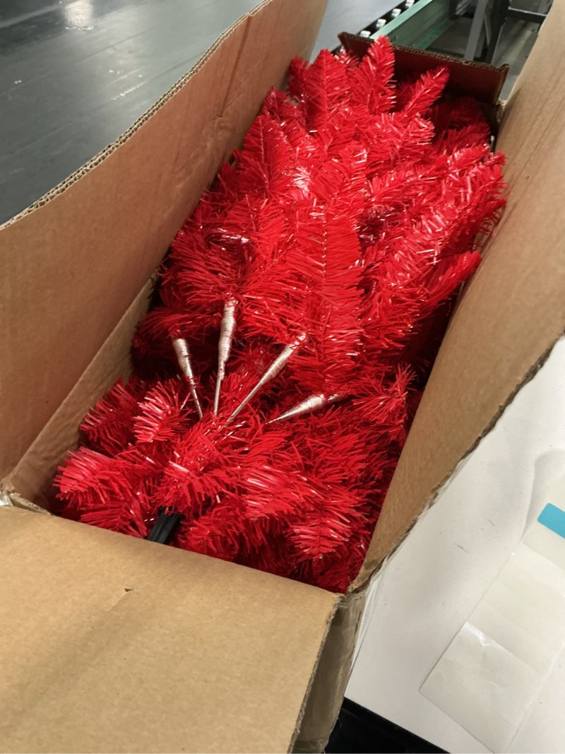 Condition photo showing As Is for Kadunmina 5ft Artificial Red Christmas Tree for Home,Office and Party Decoration,Premium Hinged Spruce Red Halloween Xmas Tree with 624 Branch Tips Easy to Assemble Includes Metal Foldable Stand Red-unlit 5ft