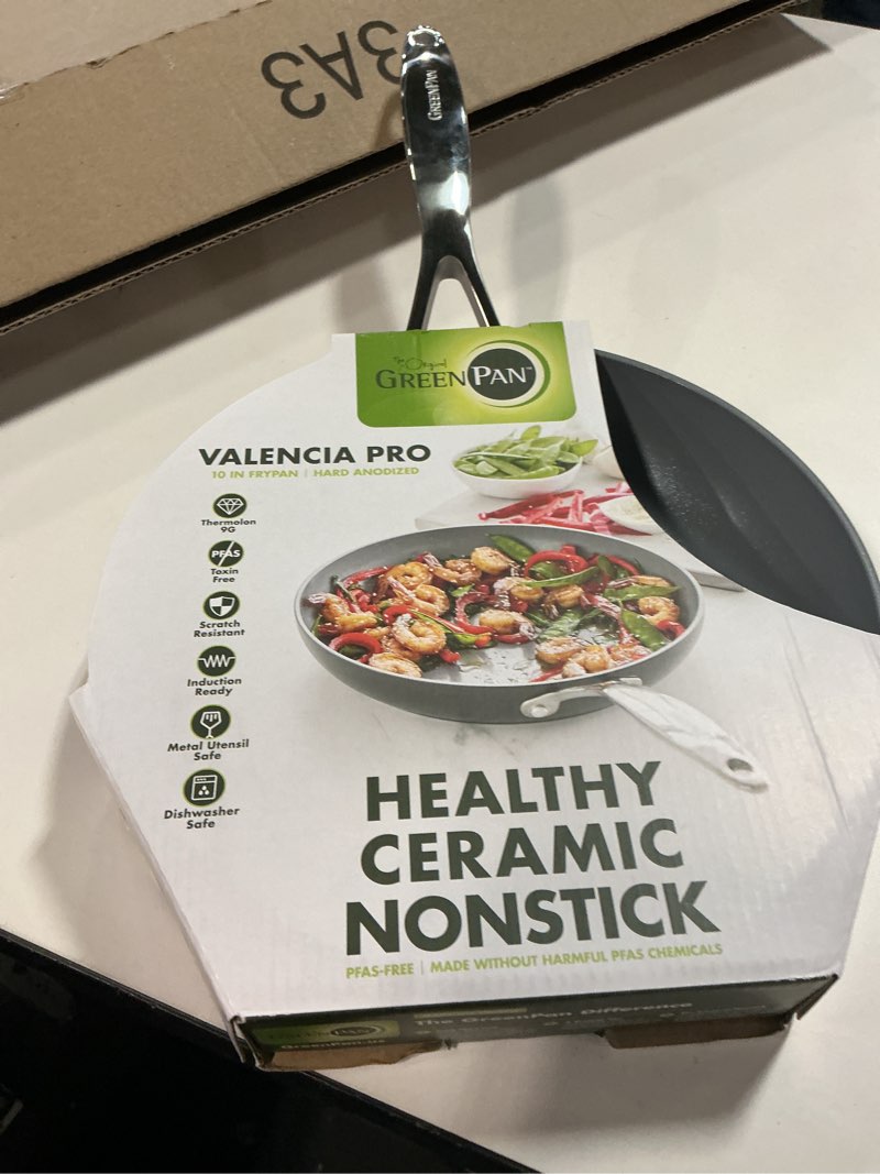 Condition photo showing New/Like New for GreenPan Valencia Pro Hard Anodized Healthy Ceramic Nonstick 10" Frying Pan Skillet, PFAS-Free, Induction, Dishwasher Safe, Oven Safe, Gray 10" Frying Pan Skillet Gray