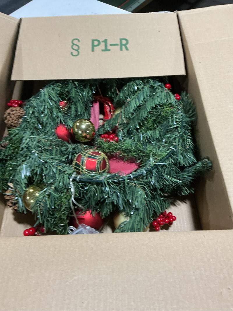 Condition photo showing Good Condition for Vlorart Winter Christmas Wreaths for Front Door Outside 23” Christmas Door Wreath with 60 LED Lights and Berries for Indoor Outdoor Home Fireplaces Wall Xmas Party Decor,Lighted Large Christmas Wreath 23 Inch