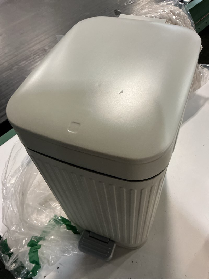 Condition photo showing As Is for bathroom trash can with lid, small stainless steel garbage can with step pedal, 10 liter/2.6 gallon soft close slim trash bin, creamy white waste basket for living room, bedroom, laundry room, office
