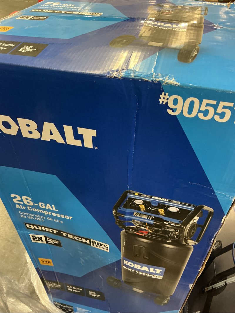 Condition photo showing As Is for kobalt quiet tech 26-gallon portable electric 150 psi vertical air compressor
