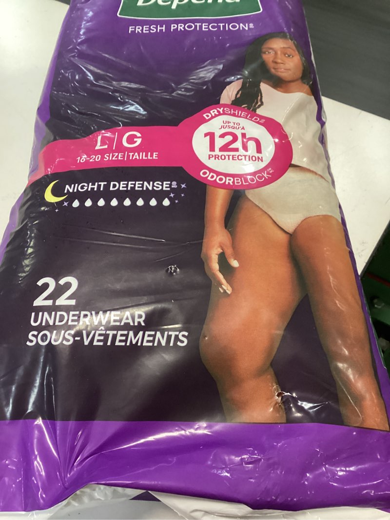 Condition photo showing New/Like New for depend night defense adult diapers, incontinence & postpartum bladder leak underwear for women, disposable, overnight, large, blush, 22 count, packaging may vary large 22