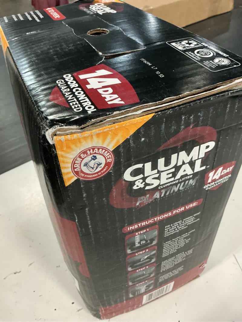 Condition photo showing New/Like New for arm & hammer clump & seal platinum cat litter, multi-cat clumping litter forms rock-hard clumps, powerful odor eliminators with baking soda, 14-day odor control, 37 lbs clump & seal platinum clumping cat litter