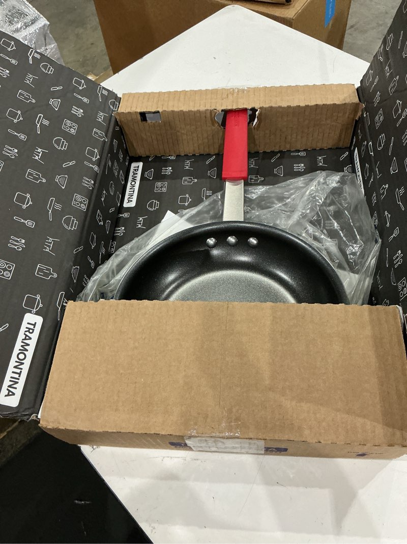 Condition photo showing New/Like New for tramontina professional 10-inch non stick frying pan, heavy-gauge aluminum skillet with reinforced nonstick coating, red handle, dishwasher and oven safe nonstick (red handle) 10 inch