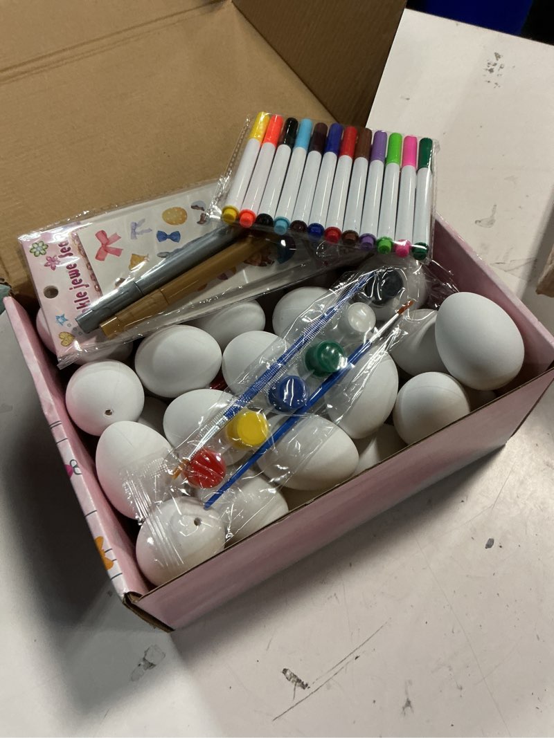 Condition photo showing New/Like New for lessmo easter egg decorating kit, 36pcs white plastic eggs with dye kit, easter tree ornaments, stickers for kids, hanging plastic eggs with rope for easter decoration, easter egg hunts
