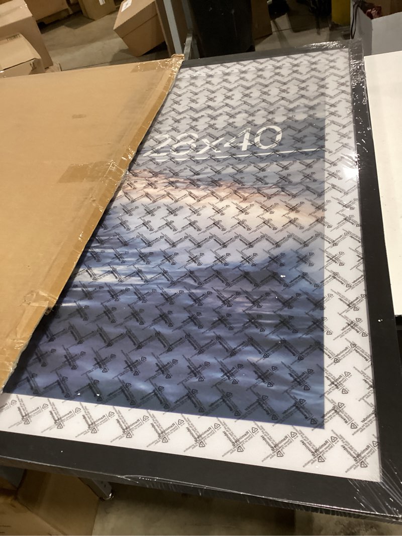 Condition photo showing New/Like New for 28x40 picture frame, display pictures 24x36 with mat or 28 x 40 without mat, black wall hanging poster frame with hd plexiglass durable and scratch-proof, 1 pack black 28x40
