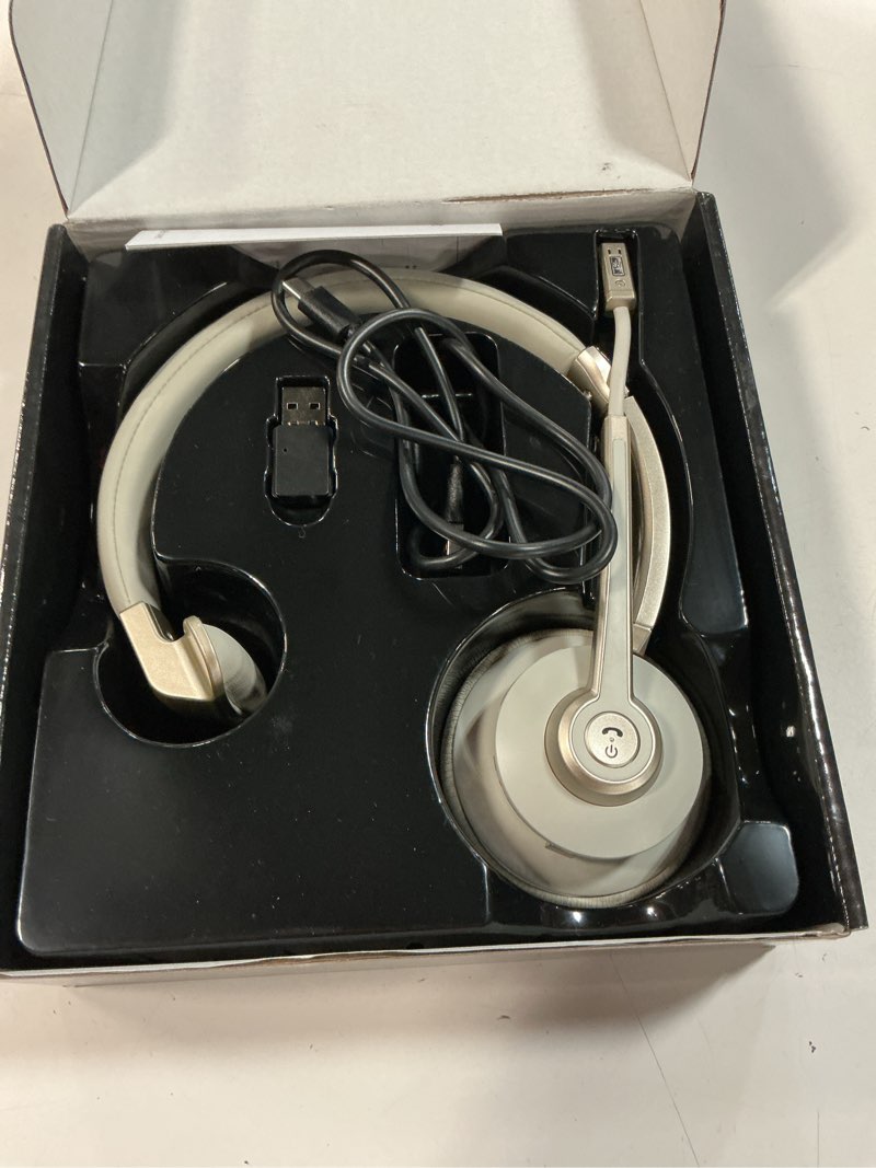 Condition photo showing Good Condition for wireless headset with microphone noise cancelling, 5.0 bluetooth headset with mic mute & usb dongle, wireless headphones for cell phone pc computer call center office teams work meetings champagne gold & white