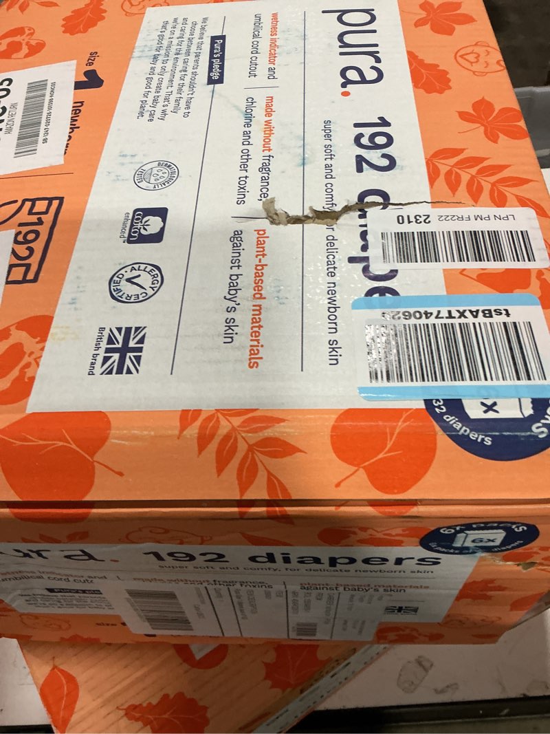 Condition photo showing Good Condition for Pura Hypoallergenic Diapers, Size 1 (4-11 lbs), Monthly Pack, Totally Chlorine Free, Wetness Indicator, Suitable for Sensitive Skin, Soft Cotton Comfort, Overnight, 6 Packs of 32 (192 Baby Diapers) Size 1 192