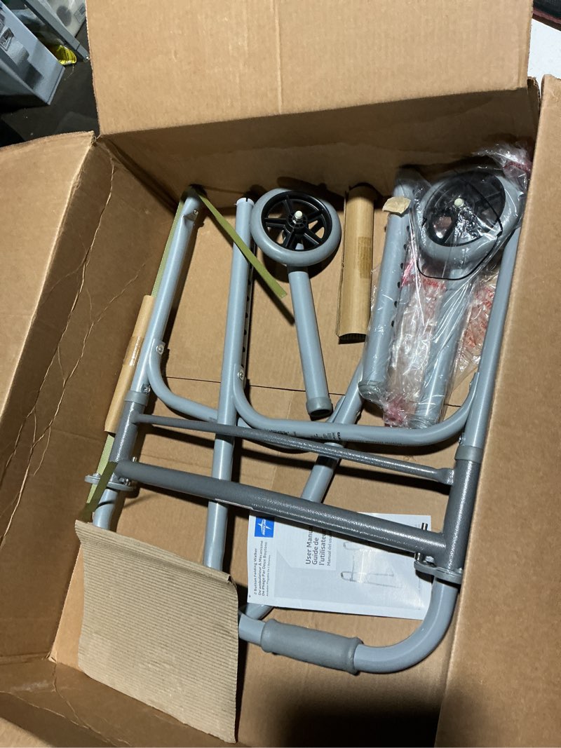 Condition photo showing As Is for Medline Lightweight Two Button Folding Walker with 5" Wheels, Aluminum Frame Supports up to 300 lbs Metallic 1 Count (Pack of 1)