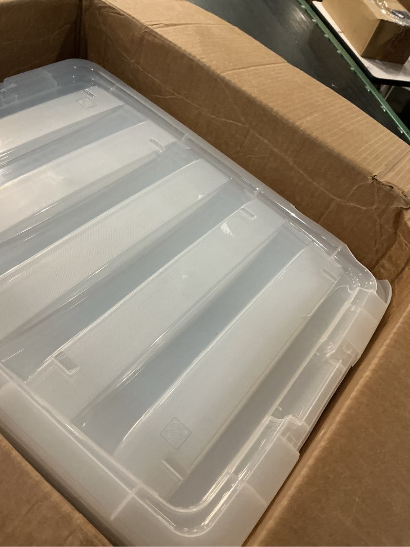 Condition photo showing As Is for iris usa 54 qt stackable plastic storage bins with lids, 6 pack - bpa-free, made in usa - see-through organizing solution, latches, durable nestable containers, secure pull handle - clear clear 54 qt 6 pack