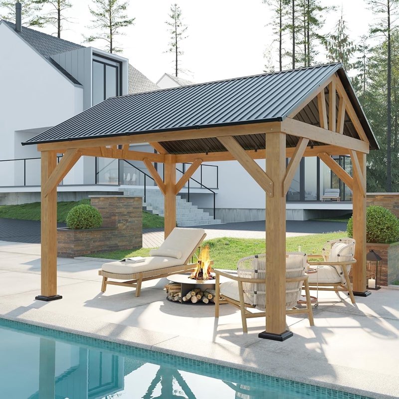 Sudnor 10X12Ft. Wood Gazebo, Outdoor Gazebo With Metal Steel Gable Roof, Hardtop Gazebo With Guest House For Garden, Patio-02 ( incomplete box 1 of 4 ) 