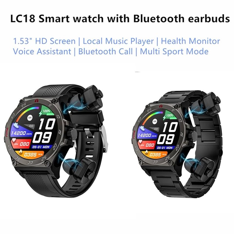 (INCOMPLETE) Tuanzi LC18 Smart Watch with Earbuds 1.53 Inch Round Smartwatch Built-in Wireless Bluetooth Headphon