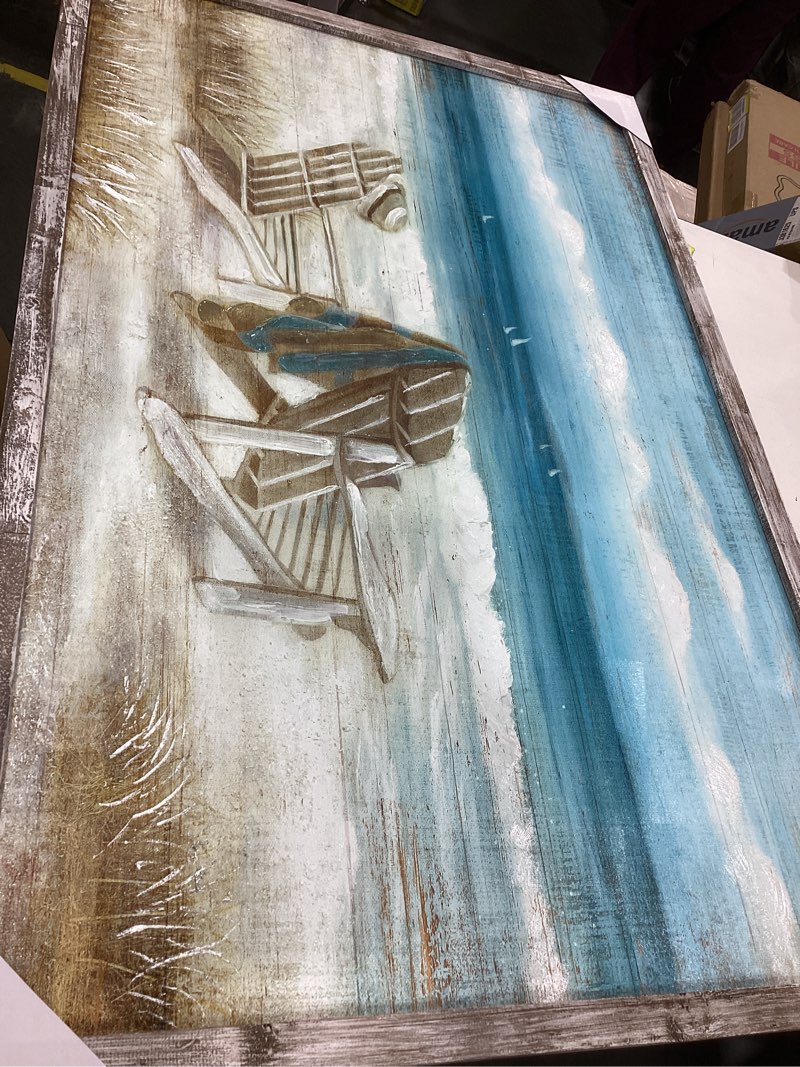 Condition photo showing Good Condition for abstract seascape framed wall art: beach chair on sand hand painted painting print for bedroom (45" w x 30" h, multiple sizes/material) 45"l x 30"w beach chair