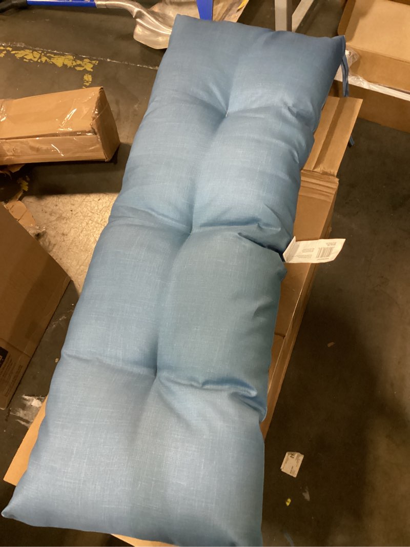 Condition photo showing Good Condition for arden selections outdoor plush modern tufted bench cushion, 48 x 18, water repellent, fade resistant, tufted bench cushion for bench and swing 48 x 18, french blue texture