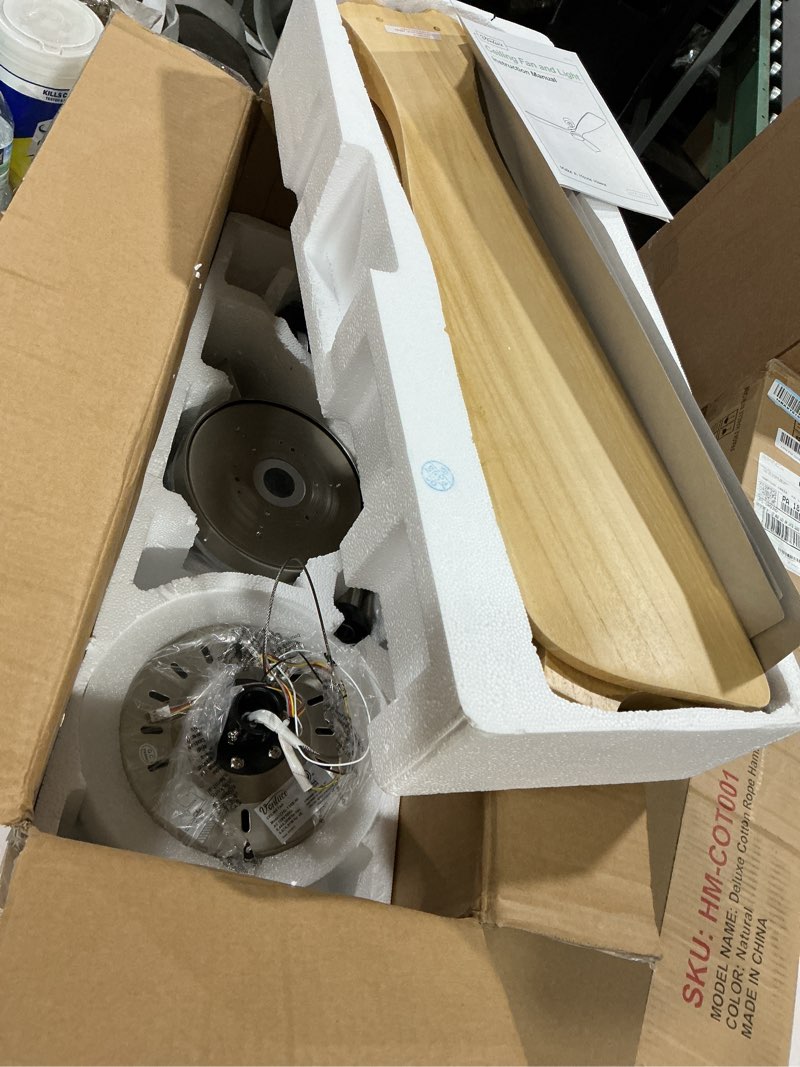 Condition photo showing As Is for vonluce ceiling fans with lights, 52 inch ceiling fan and remote, 6 speed reversible noiseless dc motor, 3cct, wood ceiling fan for outdoor indoor farmhouse patios,nickel nickel 52 inch