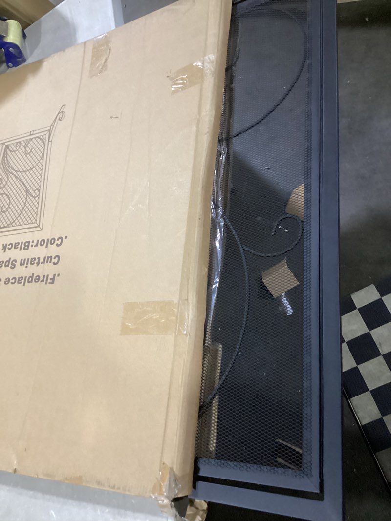 Condition photo showing As Is for flat fireplace screen with doors,solid wrought iron frame with metal mesh, flat panel decorative fireplace screen with scroll design, free standing spark guard