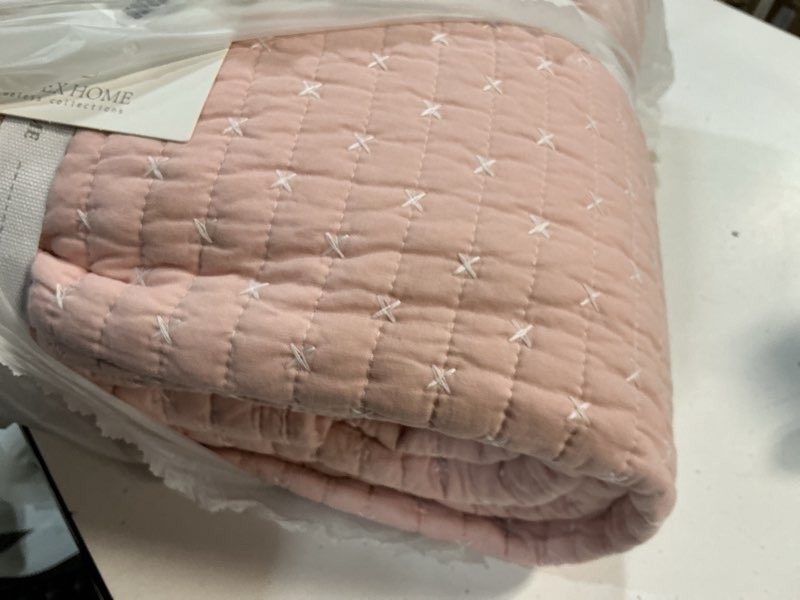 Condition photo showing Good Condition for levtex home cross stitch reversible full/queen quilt set (88x92in) with 2 pillow shams (26x20in) - stitch texture - blush - cotton full/queen size quilt bedding set - lightweight, soft, pre-washed quilt - full/queen white stitching on blush